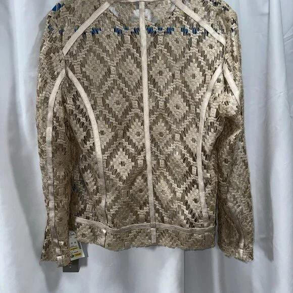 NWT Bagatelle Woman's Golden Metalli Lace Cut Out Zip Up Jacket 100% Poly - Picture 5 of 14
